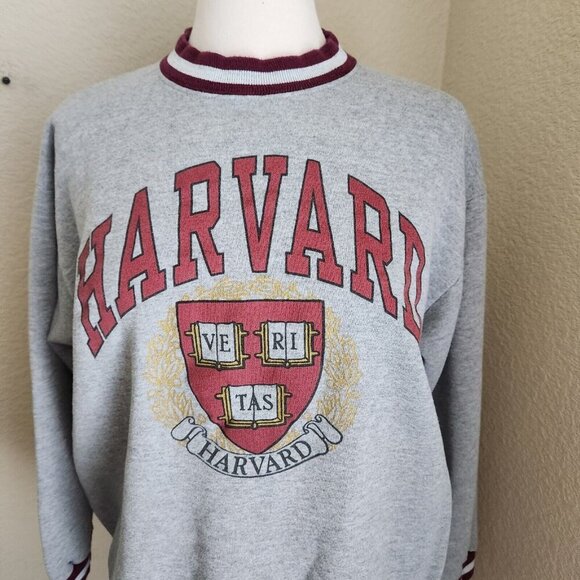 vtg HARVARD Sweatshirt Fleece Hoddie Knit Rib Waistband Cuff Neck bands Striped - Picture 8 of 13